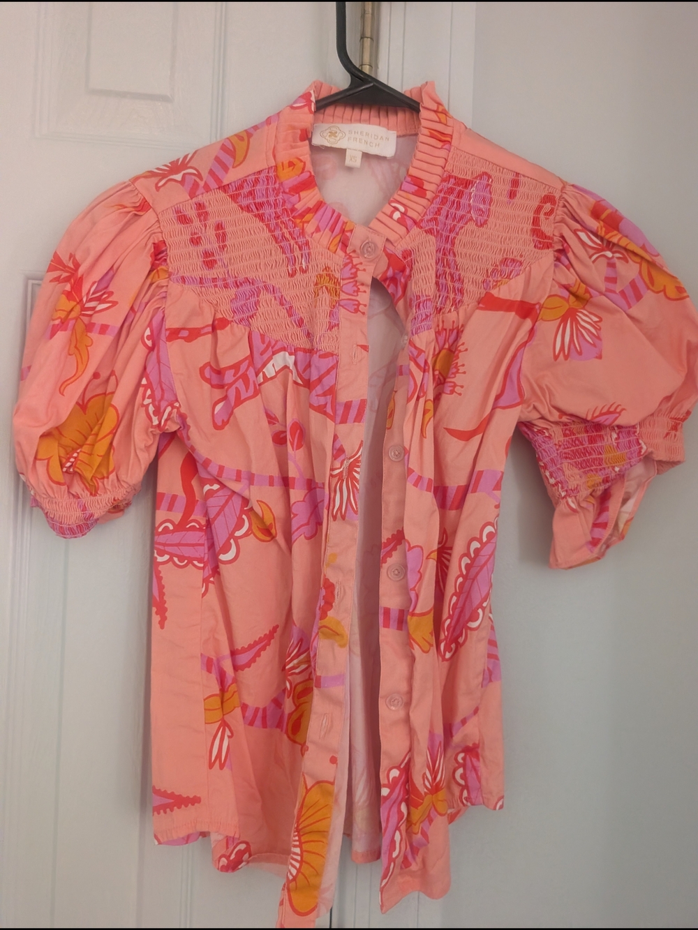 Sheridan French Pink Printed Puff-Sleeve Button-Up Blouse Size Xs